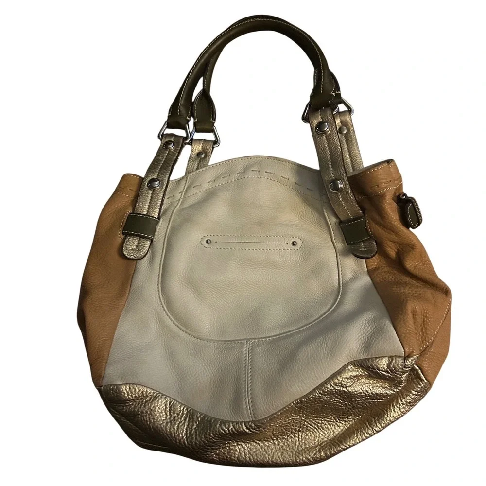 B. Makowsky Leather Hobo Bag Metallic Gold Cream Tan Colorblock Shoulder Bag